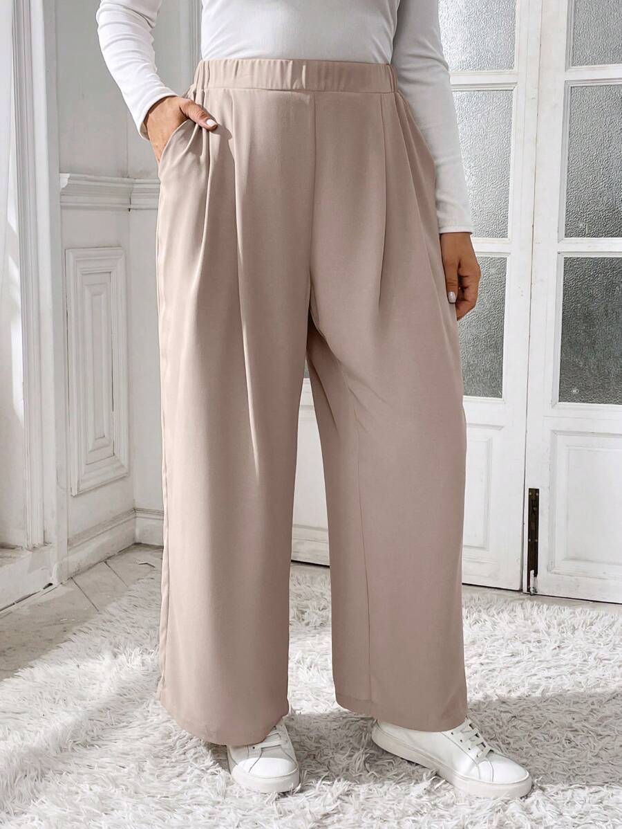 SHEIN Essnce 大码女装秋冬休闲宽松松紧腰口袋卡其色阔腿裤，秋季女装，办公室服装，教师服装，女式下装，曲线裤，老款 - 卡其色 - 查看 1