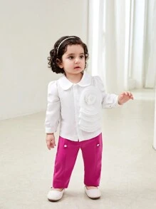 Baby Girl Casual White Floral Print Shirt & Fuchsia Trousers 2 Pcs Set, Autumn/Winter - Hot Pink - View 8