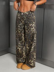 SHEIN ICON 女式宽松豹纹直筒休闲牛仔裤 - 彩色 - 查看 3