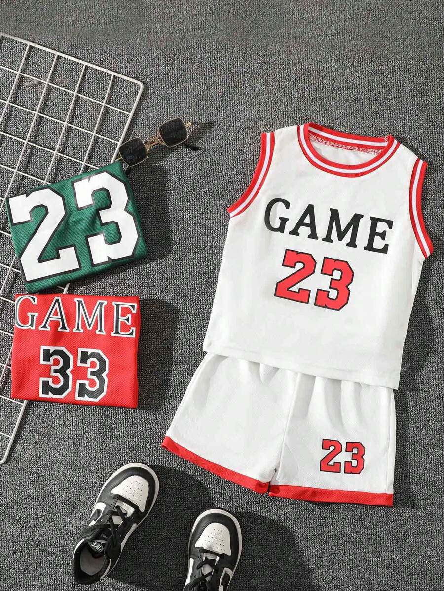 SHEIN 3 pezzi/set Divise da basket per l'allenamento per bambini, outfit sportivi estivi per ragazzi - Multicolore - Visualizzare 1