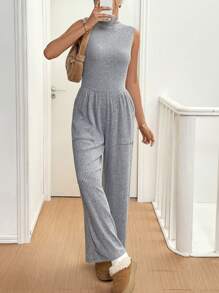 SHEIN Essnce Mono de unicolor con cuello en V y sin mangas para mujeres, monos de verano, monos para mujeres, atuendos de otoño para mujeres, monos de forro polar