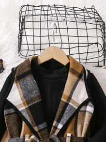 SHEIN Elladie kids 2 chiếc áo thun dài tay cổ tròn màu trơn cho bé gái trẻ, áo vest kẻ caro không tay và quần dài trang phục thường ngày - màu đen - Xem 5