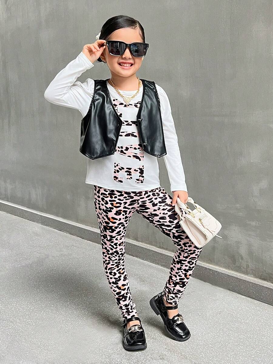 SHEIN Explorewe Toddler Girls 3pcs Set,White Leopard Print Letter Gigot Sleeve T-Shirt,Leopard Print Leggings&Black PU Vest,Casual Outfit Suitable For Autumn,Daily - Multicolor - View 1