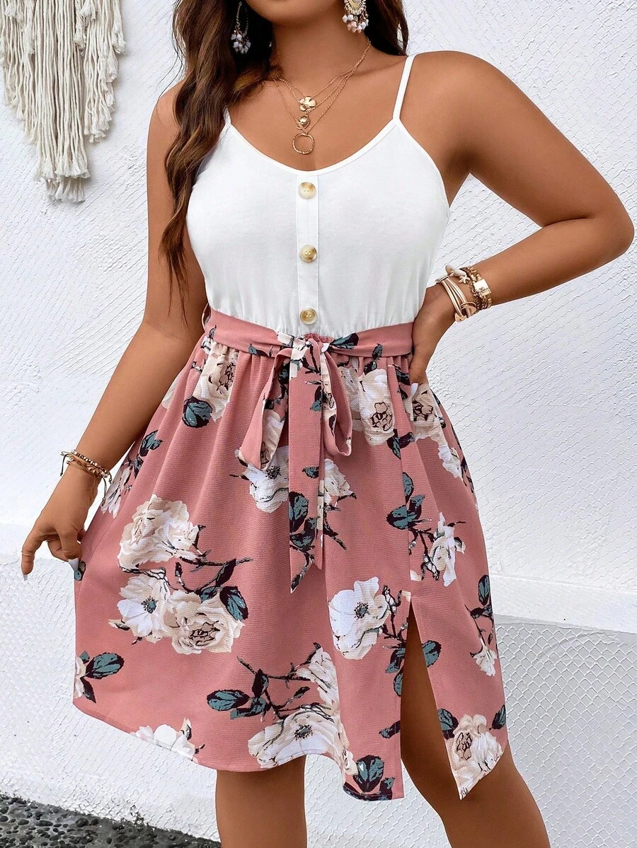 SHEIN Holidaya Váy ngủ họa tiết hoa màu khối thường ngày cỡ lớn cho kỳ nghỉ - Hồng - Xem 1