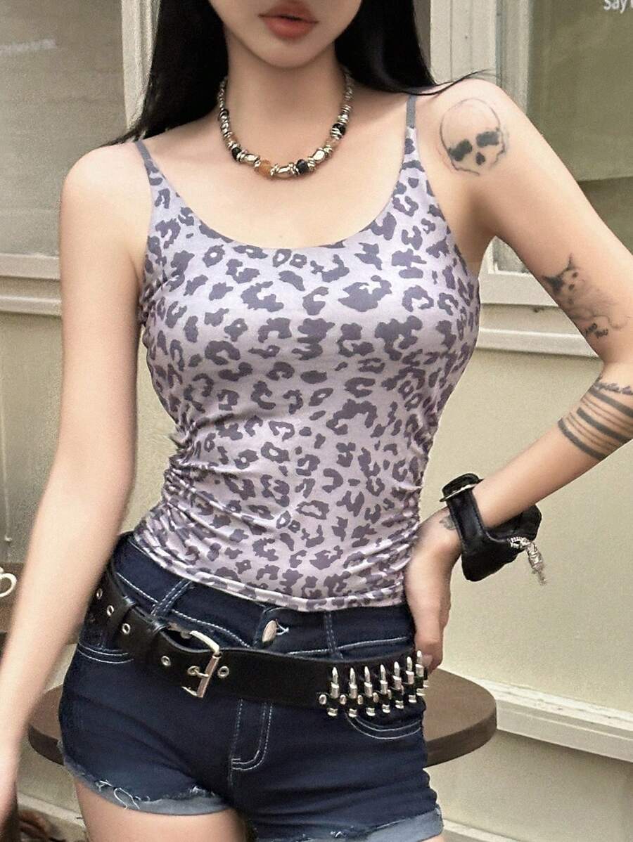 DAZY Áo hai dây cổ chữ V ôm sát có dây đeo có thể điều chỉnh dành cho nữ, họa tiết da báo - Màu Xám nhạt - Xem 1