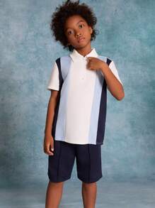 SHEIN Tween Boy Dệt Kim Chắp Vá Áo Phông Cổ Bẻ Và Quần Short Dây Rút Bộ Hai Món Thông Thường - Nhiều màu - Xem 3