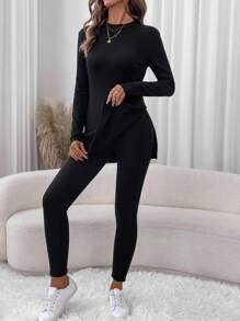 SHEIN LUNE 2pcs Women's Side Slit Figure-Hugging T-Shirt And Skinny Leggings Casual Sports Loungewear Set, Thermal Lined Warm For Autumn Winter - Black - View 3