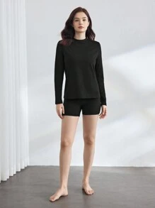 Ocili Leisure Comfortable Thicken Fleece Long Sleeve Cycling Pants Women Pajama Set - Black - View 7