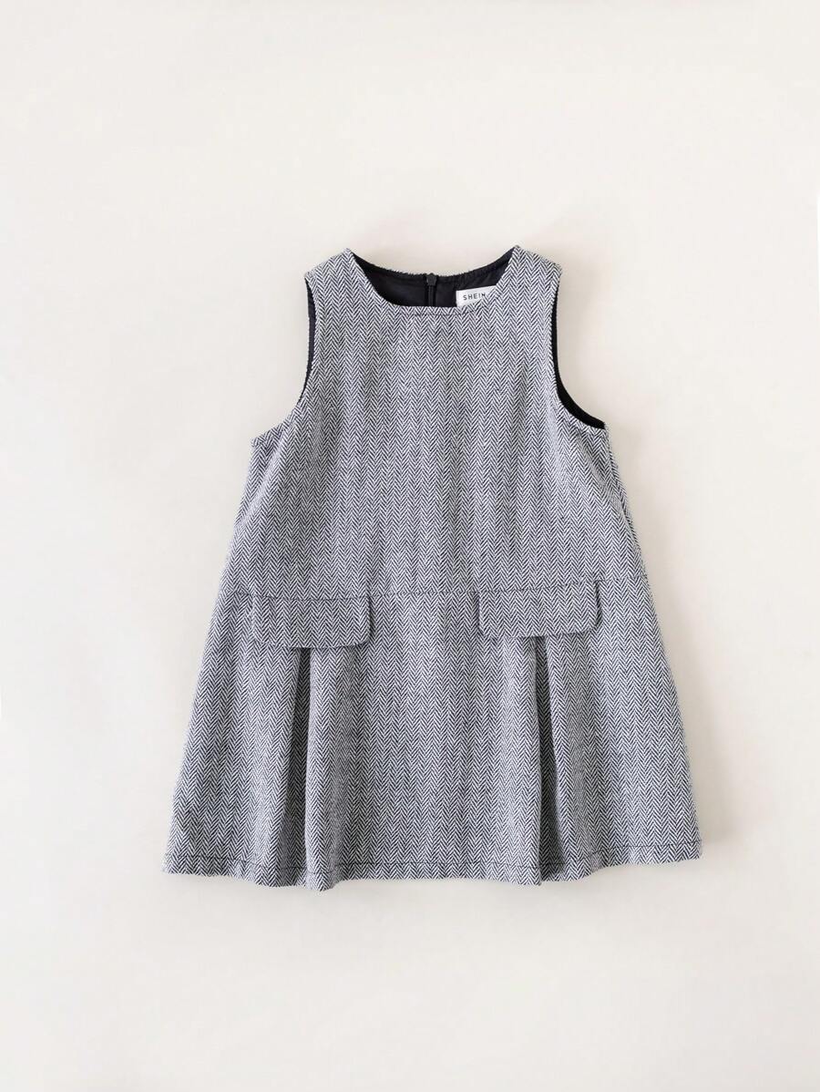 PrepCrw 少女灰色口袋编织宽松无袖连衣裙，适合秋冬季返校季的校园风格 - 黑與白 - 查看 1