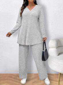 EMERY ROSE Conjunto de 2 piezas de top de manga larga de cuello en V de punto acanalado y pantalones de unicolor, para uso casual diario, talla grande - Gris - Ver 5