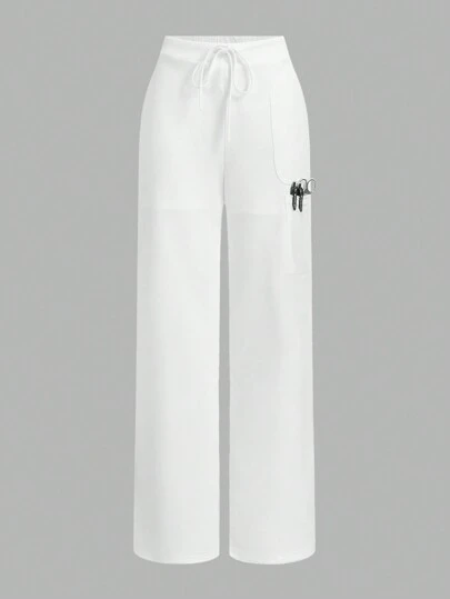 SHEIN TaskFit Pantalones de uniforme tipo cargo rectos de pierna casual con cordón para mujer, suaves y elásticos