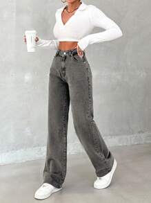 SHEIN Tall Women's V-Neck Long Sleeve Fitted Elegant Top And Button Belt Band Straight Leg Casual Jeans - Grey - View 5