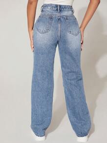 SHEIN PETITE Front Buttoned Multi-Pocket Distressed Casual Denim Jeans - Dusty Blue - View 2