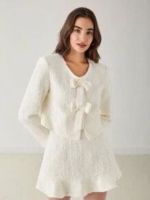 Enchnt 秋冬浪漫女士纯色蝴蝶结装饰长袖短款优雅杏色亮片粗花呢外套 - 白色 - 查看 5