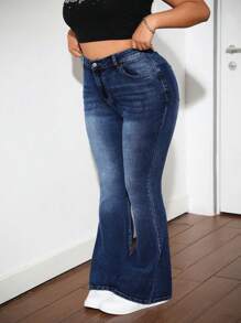 SHEIN EZwear 大码弹力牛仔喇叭牛仔裤，蓝色，带星形水钻装饰 - 深色水洗藍 - 查看 6