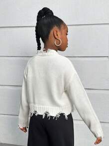 SHEIN Jersey de punto con cuello redondo de manga larga informal para niñas preadolescentes, otoño/invierno - Blanco - Ver 6