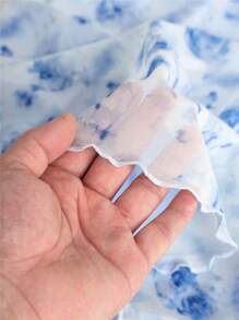 SHEIN Girlism Váy yếm lưới xếp nếp in hoa cho bé gái tuổi teen - Màu xanh nhạt - Xem 5