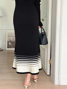 DAZY Váy len ôm dáng dài tay ombre cho nữ, hở vai mùa thu/đông - màu đen - Xem 5