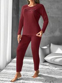EURMUSE Ladies' Ribbed Pajama Set With Text Print - Red - View 3