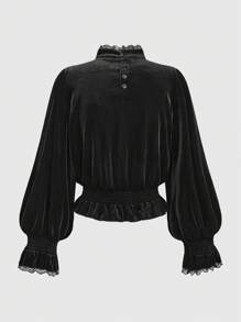ROMWE Goth Camisa de terciopelo con mangas de farol y bordado decorativo al estilo del palacio gótico vampiro para mujer de talla grande