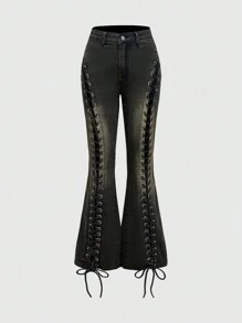 SHEIN x PRISCILA & JIMENA ROMWE Grunge Punk Jeans entallados con detalles de ojetes y cordones sexy de cintura baja estilo Y2K - Negro - Ver 1