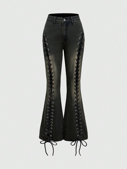 SHEIN x PRISCILA & JIMENA Grunge Punk Jeans attillati a zampa con occhielli intrecciati e dettagli sensuali in stile Y2K a vita bassa