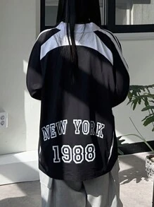 DAZY Women's Contrast Color Block Letter Print Streetwear Sweatshirt,Fall Clothes - Black - View 3