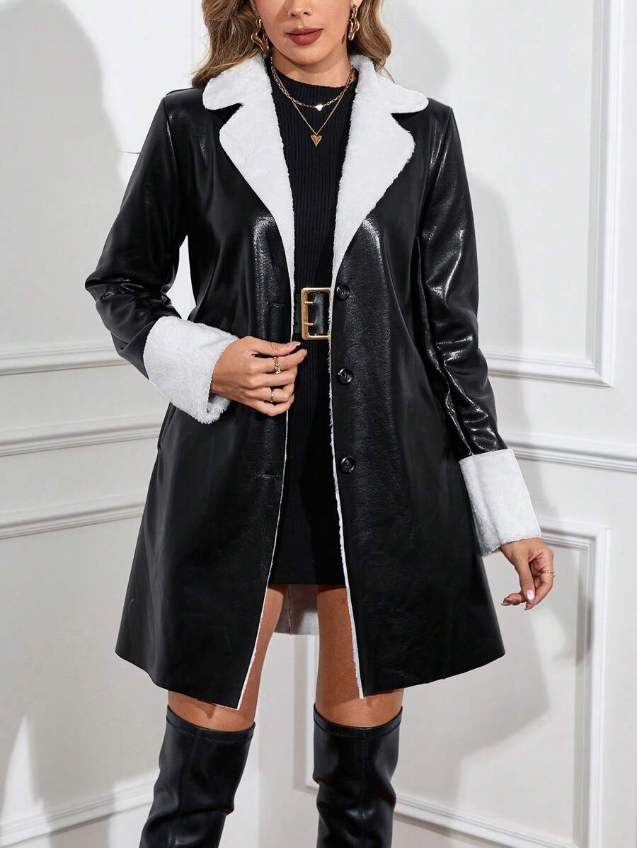 SHEIN Clasi Áo khoác da đen cổ lông dài tay thắt eo thanh lịch cho nữ Áo khoác da PU màu đen giản dị thanh lịch mặc dạo phố dài tay cho nữ vào mùa thu/đông Áo khoác da nỉ - Nhiều màu - Xem 1