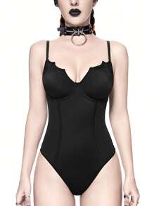 ROMWE Halloween Gothic Bat Collar Design One-Piece Swimsuit - Black - View 3