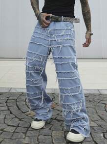 Manfinity EMRG Men's Casual Loose Fit Patchwork Frayed Hem Wide Leg Jeans - Baby Blue - View 1