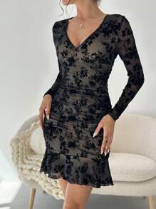 Firerie Women Elegant Flocking Mesh Deep V-Neck Mini Dress With Ruffle Hem, Suitable For Vacation And Date Occasions, Music Festival, Graduation Season