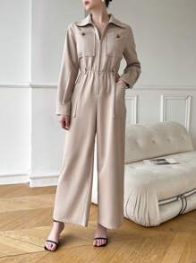 Mulvari 女士纯色前拉链长袖褶皱口袋休闲连体裤 - 卡其色 - 查看 4