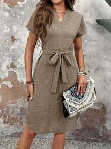 EMERY ROSE Women's A-Line Waist Belted Dress Casual Dress Summer - Khaki - View 4