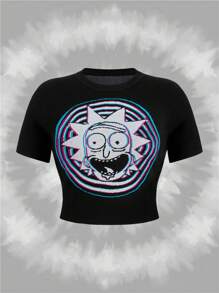 Rick and Morty X SHEIN 大码黑色朋克风格卡通图案修身短袖针织上衣