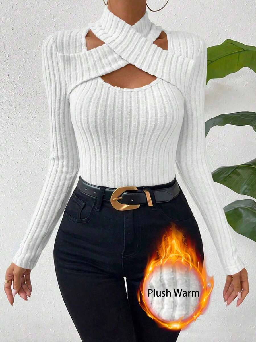 Chiquease Women Cross Neck Hollow Slim Graceful Elegant Charm Long Sleeve T-Shirt Fall Cloth For Women - White - View 1