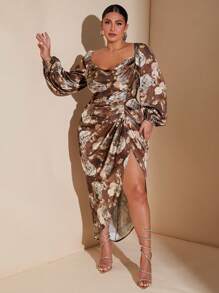 SHEIN BAE 加大码绿色天使花卉图案领口垂坠圆领长袖泡泡袖腿部侧开衩宽松缎面连衣裙 - 咖啡棕 - 查看 1