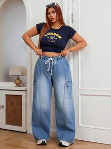 SHEIN EZwear Plus Size Vrouwen Trekkoord Taille Cargo Zak Wijde Pijpen Relaxed Casual Baggy Jeans