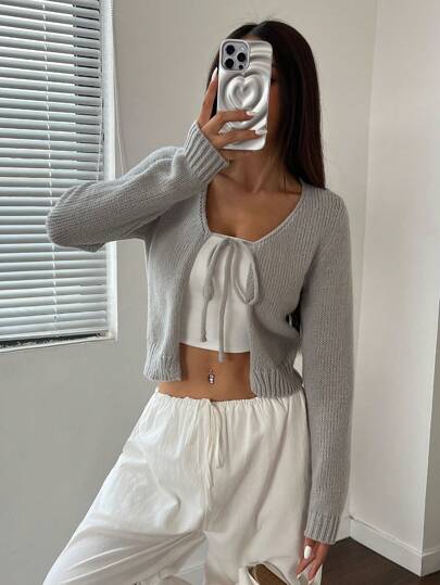 Flirla 女士纯色前系带长袖休闲开衫、长袖上衣