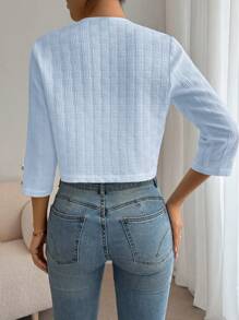 SHEIN Essnce Áo khoác thời trang thường ngày cho nữ phong cách Old Money trơn hở phía trước, tay áo ba phần tư, áo khoác công sở cho nữ, trang phục giáo viên, áo khoác giáo viên, quần áo mùa thu cho nữ, quần áo công sở cho nữ - Màu xanh nhạt - Xem 2