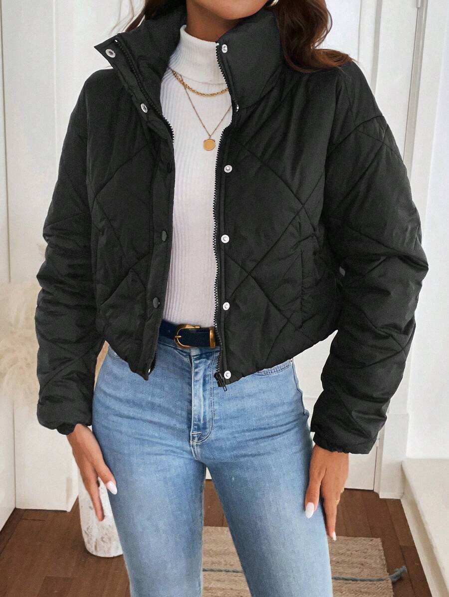 SHEIN LUNE Grid-Pattern Quilted Women Padded Coat With Stand Collar, Drawstring Hem And Metal Button Zipper Closure - Black - View 1