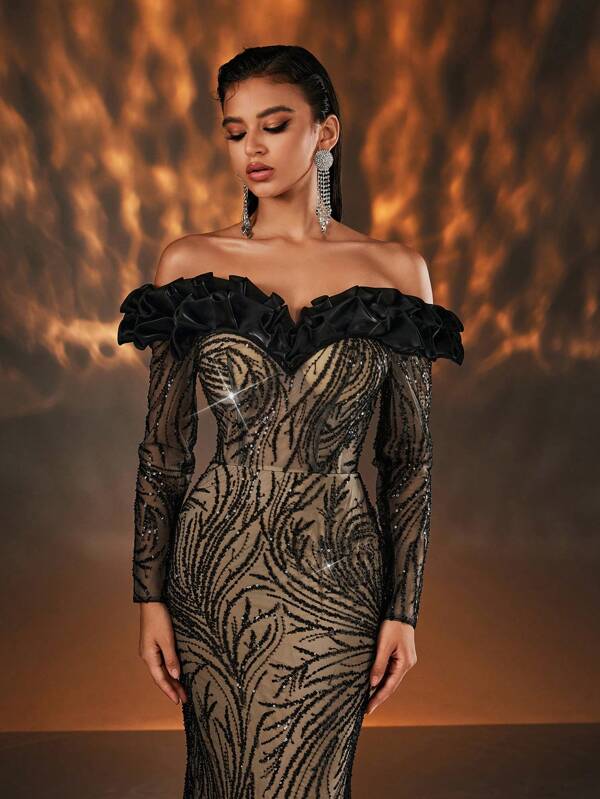 Glamrae Elegante y lujoso vestido de cola de sirena con hombros descubiertos, mangas transparentes, volantes, malla y lentejuelas bordadas, para bodas, fiestas, vacaciones y galas (resistente)