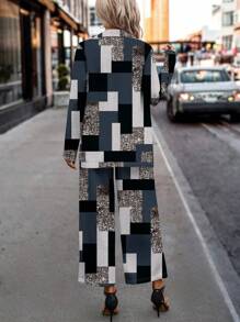 SHEIN Clasi 2pcs Abstract Geometric Print Long Sleeve Top And Wide Leg Pants Set For Women, Suitable For Autumn And Winter - Multicolor - View 2