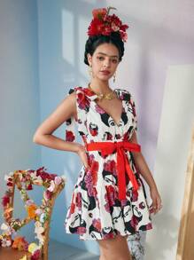 VALERIA GALIPOLI Frida Kahlo X SHEIN X Designer Váy ngắn thắt nút vai họa tiết hoa và hình in tương phản, ngày lễ, tiệc tùng, lễ tạ ơn, lễ hội - Nhiều màu - Xem 7