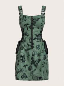 Selianne Halloween Women's Slim Fit Spaghetti Strap Zipper Full Print Skull Pattern Dress Fall Cloth For Women - Green - View 1