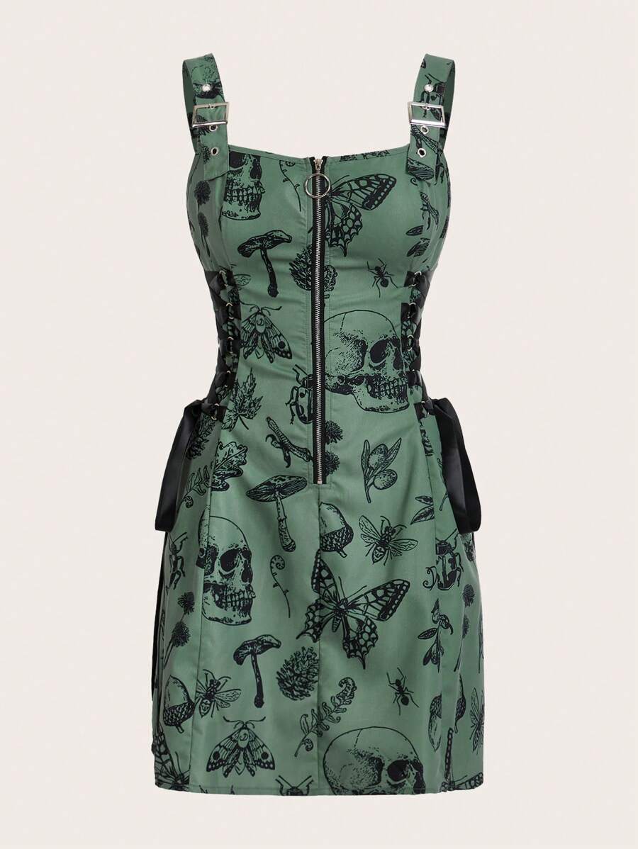 Selianne Halloween Women's Slim Fit Spaghetti Strap Zipper Full Print Skull Pattern Dress Fall Cloth For Women - Green - View 1