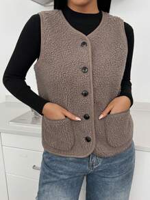 SHEIN Essnce Ladies' Casual Fashion Plush To Keep Warm All-Match Mocha Brown  Button V-Neck Sleeveless With Pocket Jacket