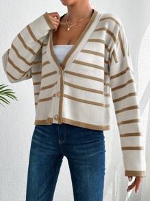 EURMUSE Women Striped Drop Shoulder Long Sleeve Cropped Casual Cardigan, Autumn Winter Fall Clothes - Beige - View 4