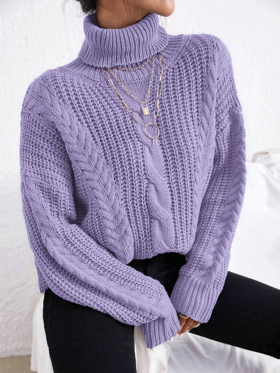 Cloudara Jersey de cuello tortuga de hombros caídos tejido de cable - Púrpura malva - Ver 1