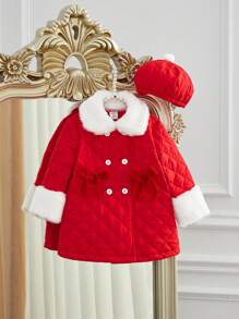 SHEIN 2 件套女婴红色圣诞加厚外套带帽，优雅迷人，温暖装扮，适合日常休闲装和度假装 - 彩色 - 查看 1