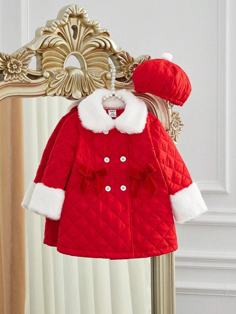 SHEIN 2 件套女婴红色圣诞加厚外套带帽，优雅迷人，温暖装扮，适合日常休闲装和度假装 - 彩色 - 查看 1